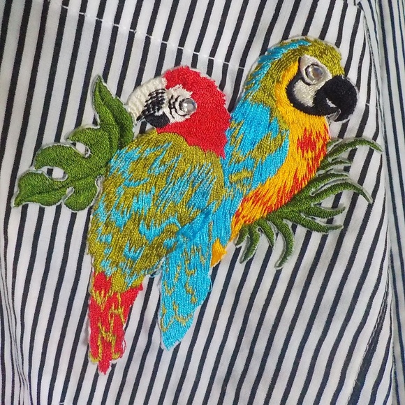 Black/White Stripe Blouse w/Colorful Appliqued Parrots - Picture 9 of 9